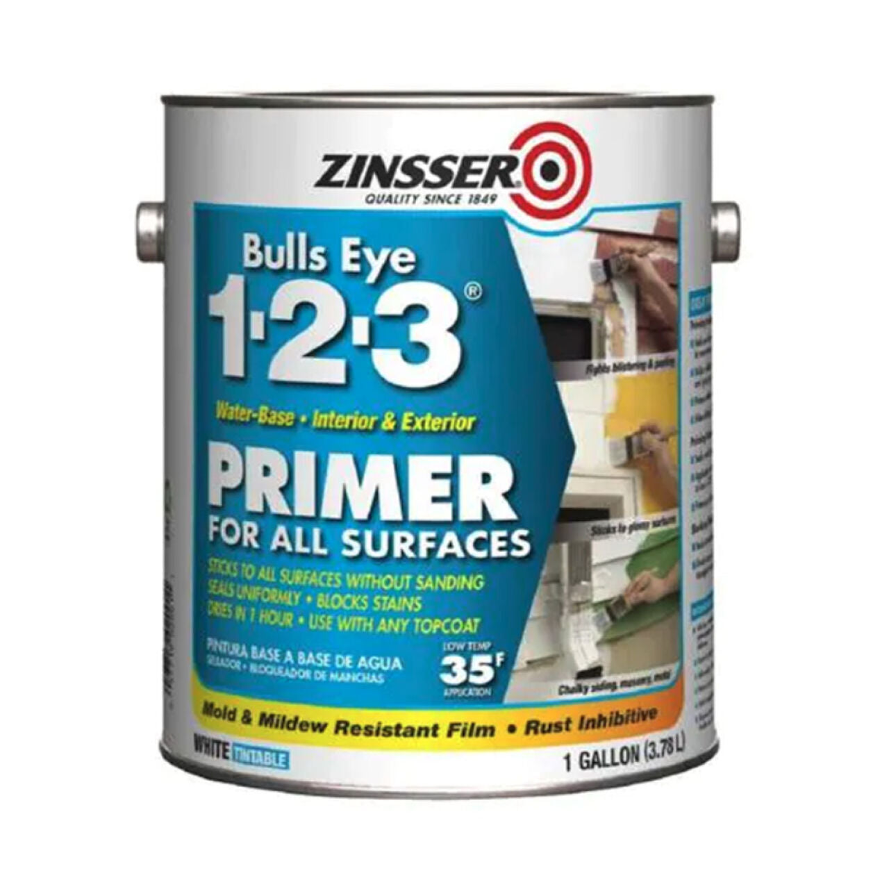 The Go Build Bulls Eye 1-2-3 1 gal. Water-Based Primer & Sealer for Interior/Exterior features mold and rust resistance and comes in tintable white, ideal for all surfaces.
